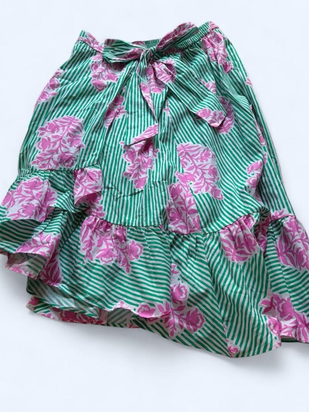 Green Striped Floral Tie-Waist Skirt